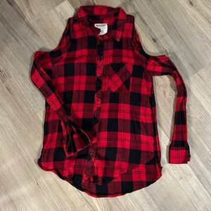 Buffalo Plaid Cold Shoulder Button Up